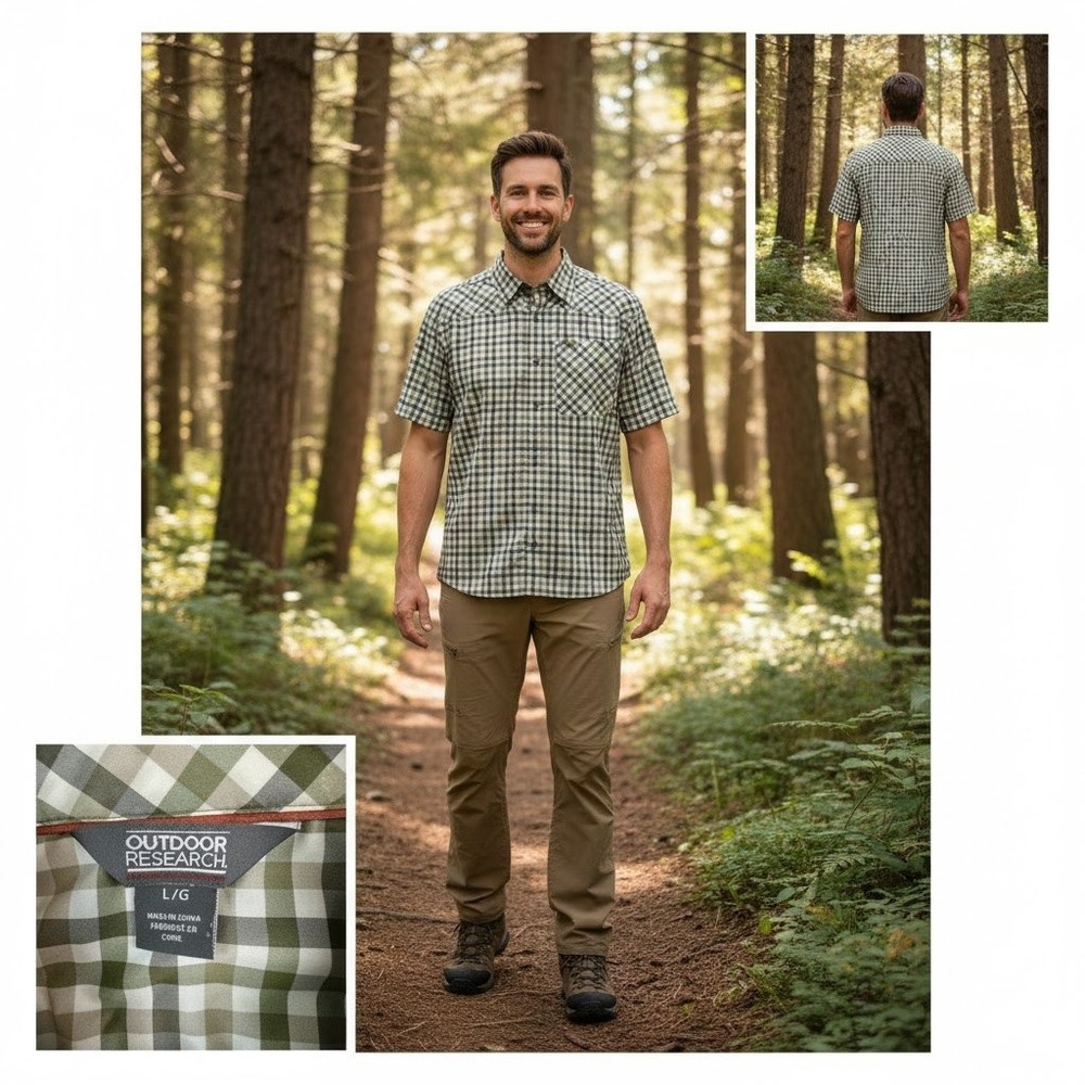 Outdoor Research Shirt Mens Large Green Plaid DISCOVERY Short Sleeve Wool Blend
